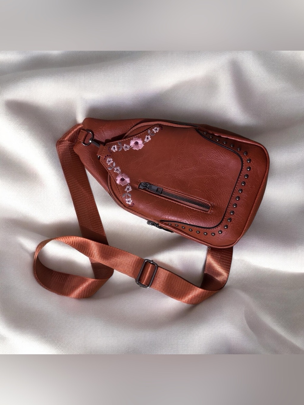 Rust Brown Floral Embroidered Crossbody Sling Bag